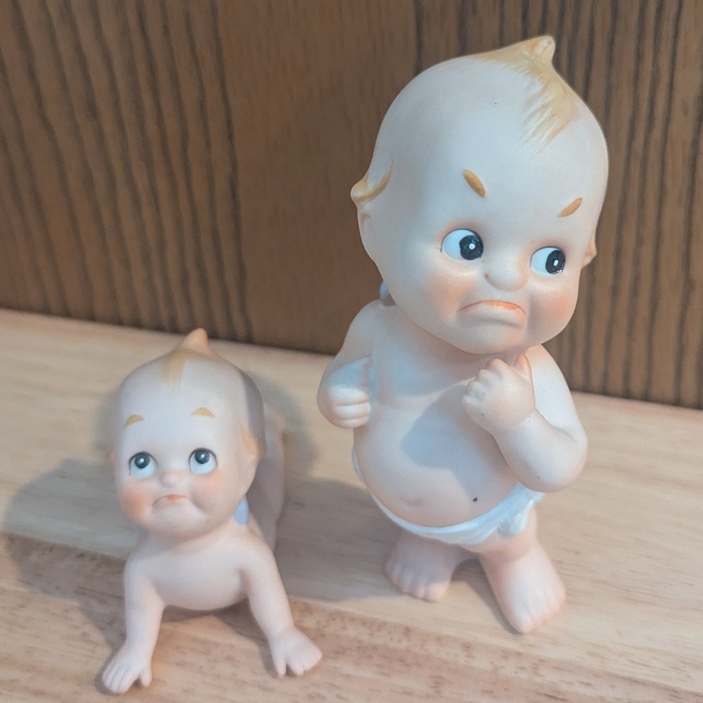 Two Vintage Bisque Porcelain Lefton Kewpie Figurines Grumpy Pouting Disgruntled